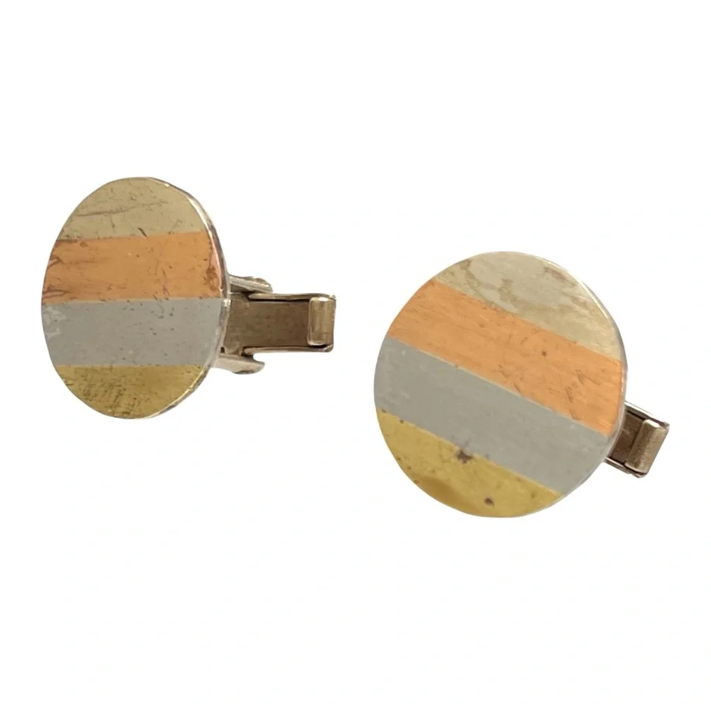 VINTAGE ALPACA MADE IN MEXICO 4 METAL COLOR STRIPE ROUND CUFFLINK